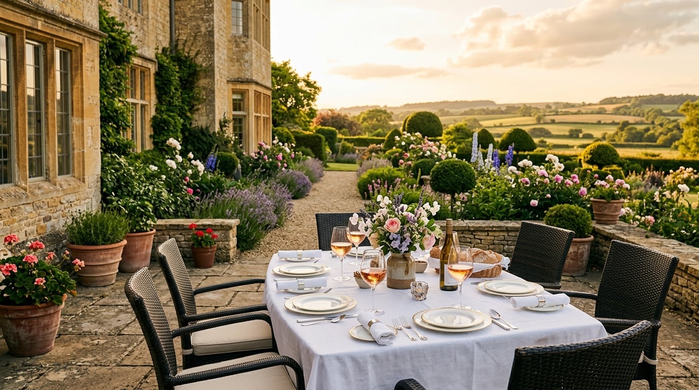 Elegant garden entertaining at a Cotswolds manor — the lifestyle that draws international buyers