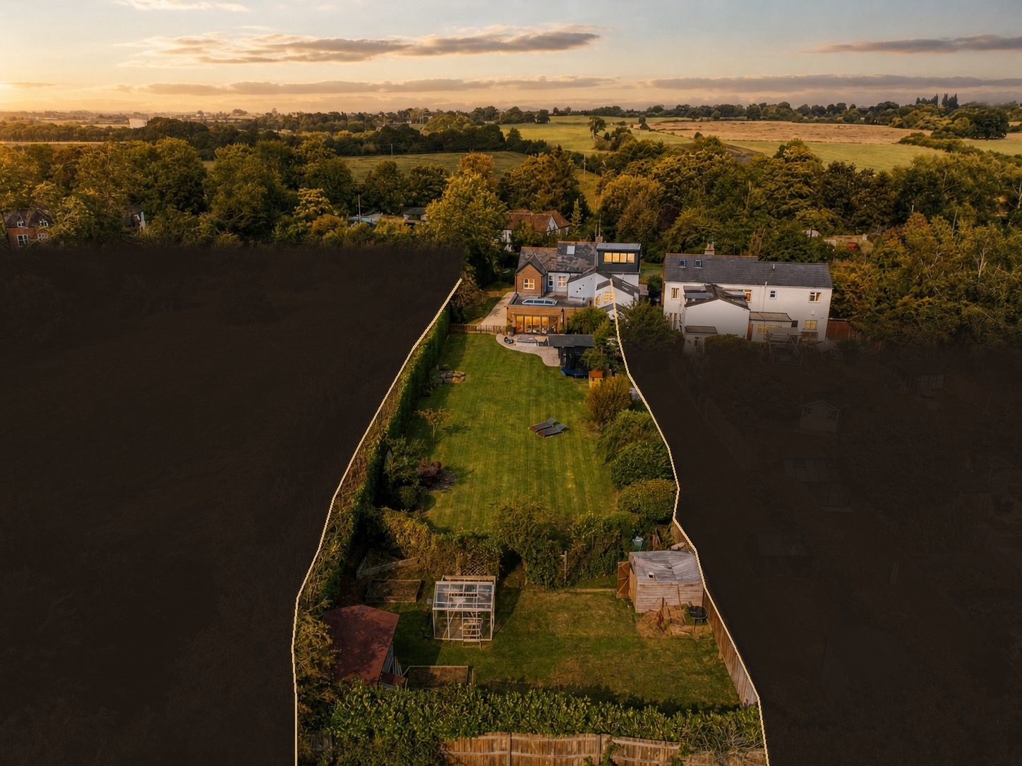 Aerial view of Brookview at dusk with the plot outlined and neighbouring land masked out