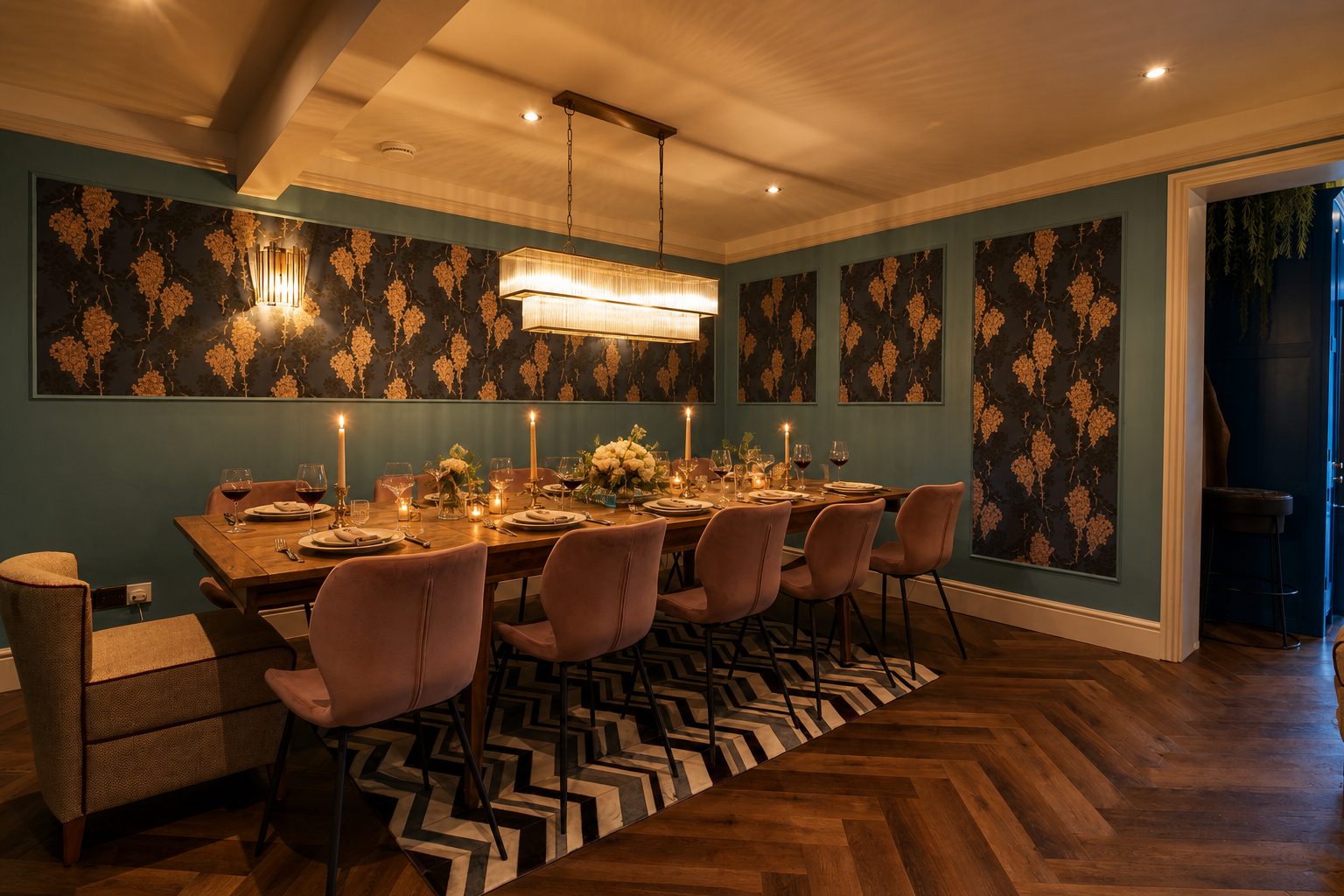 Formal dining room seating twelve, lit by Pooky wall lights