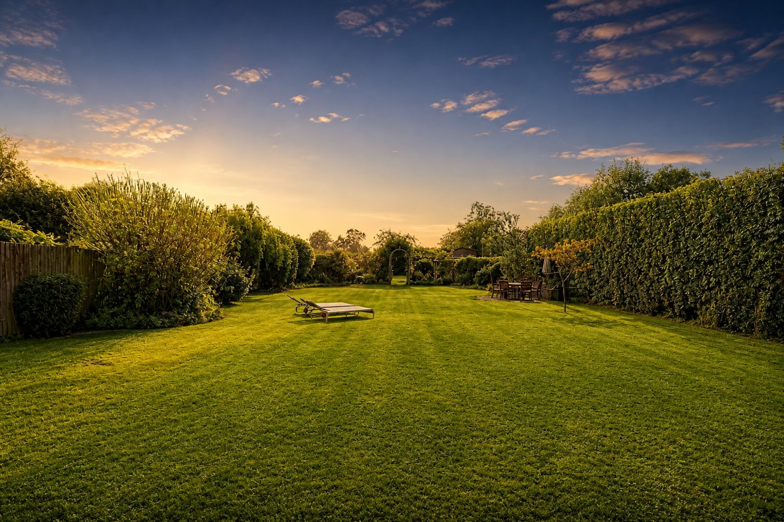 Established lawns running the full depth of the plot, framed by mature hedgerow