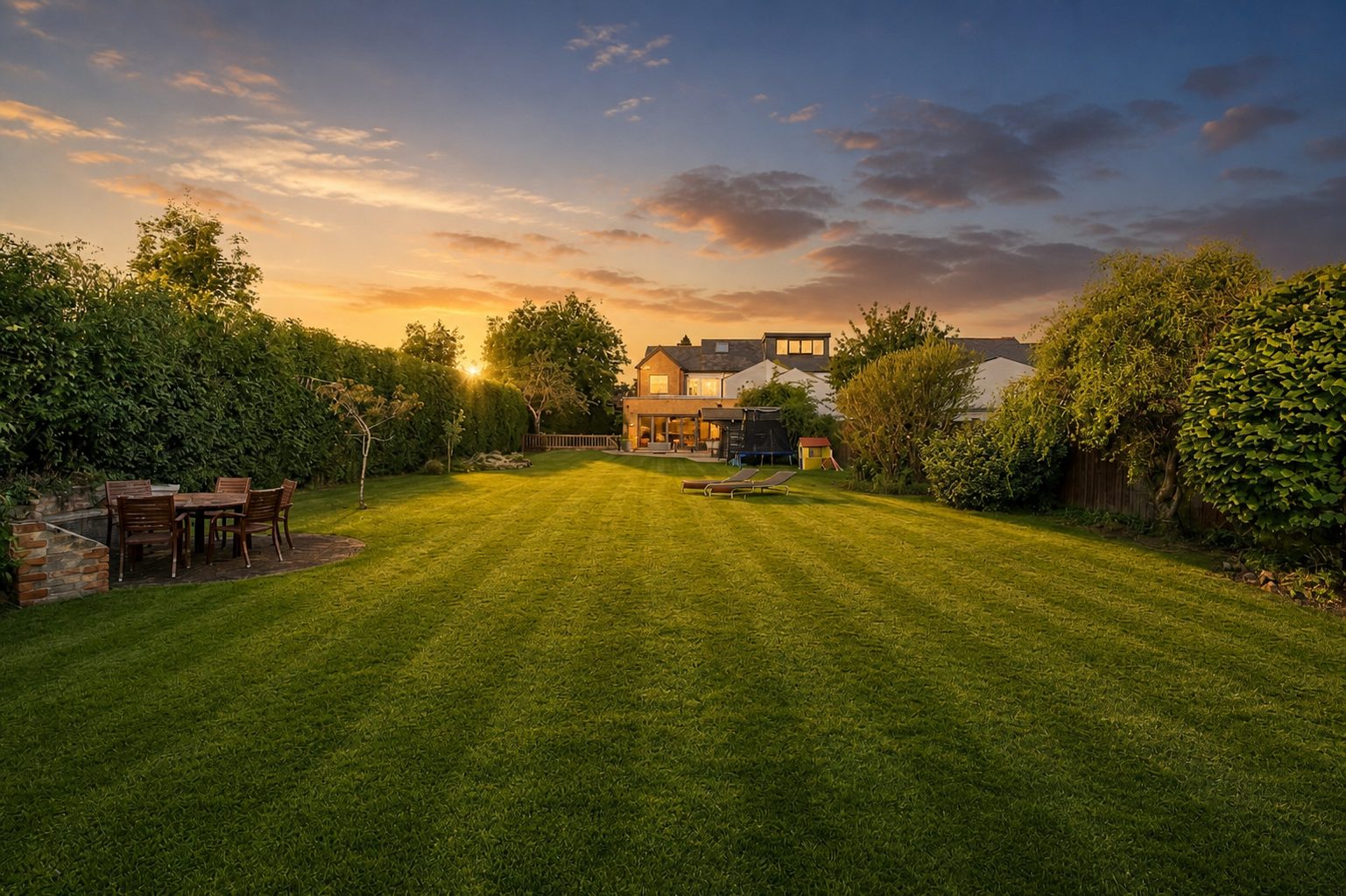 The gardens looking back to the house at dusk