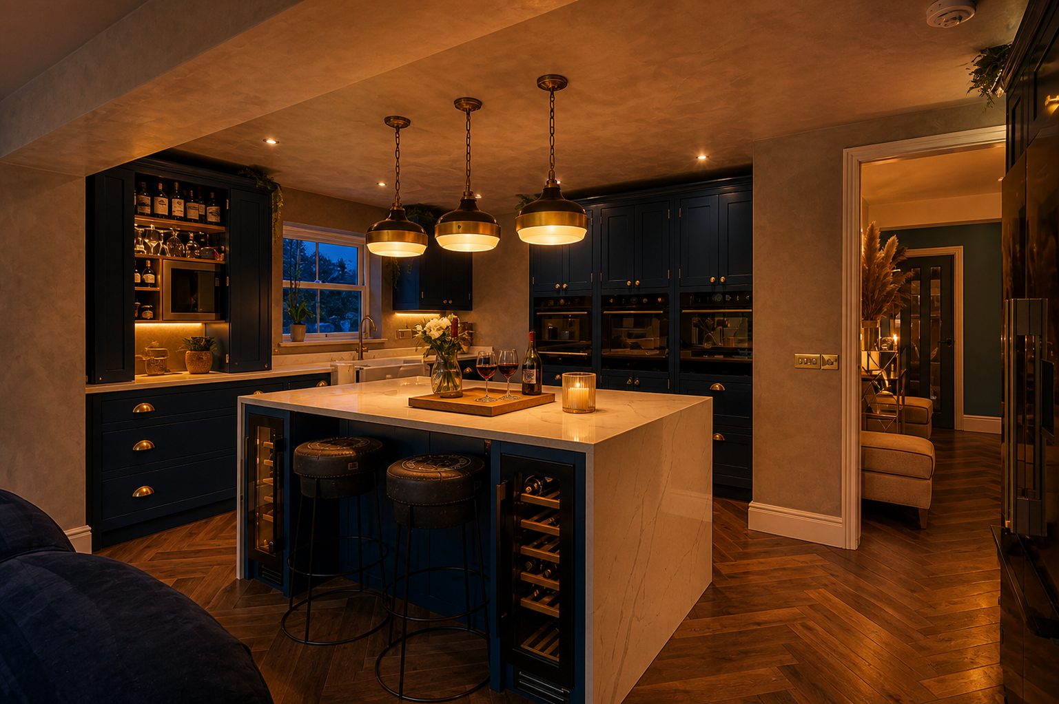 Bespoke shaker kitchen opening through bi-folds to the garden