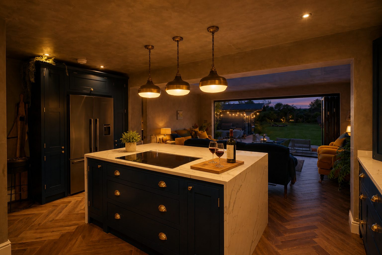 Bespoke shaker kitchen island with double wine fridges beneath Venetian plaster