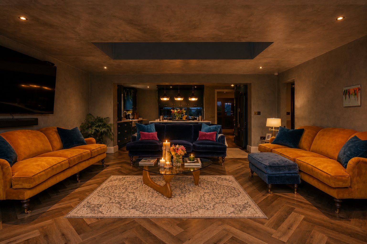 Open-plan lounge opening to the terrace through bi-folds