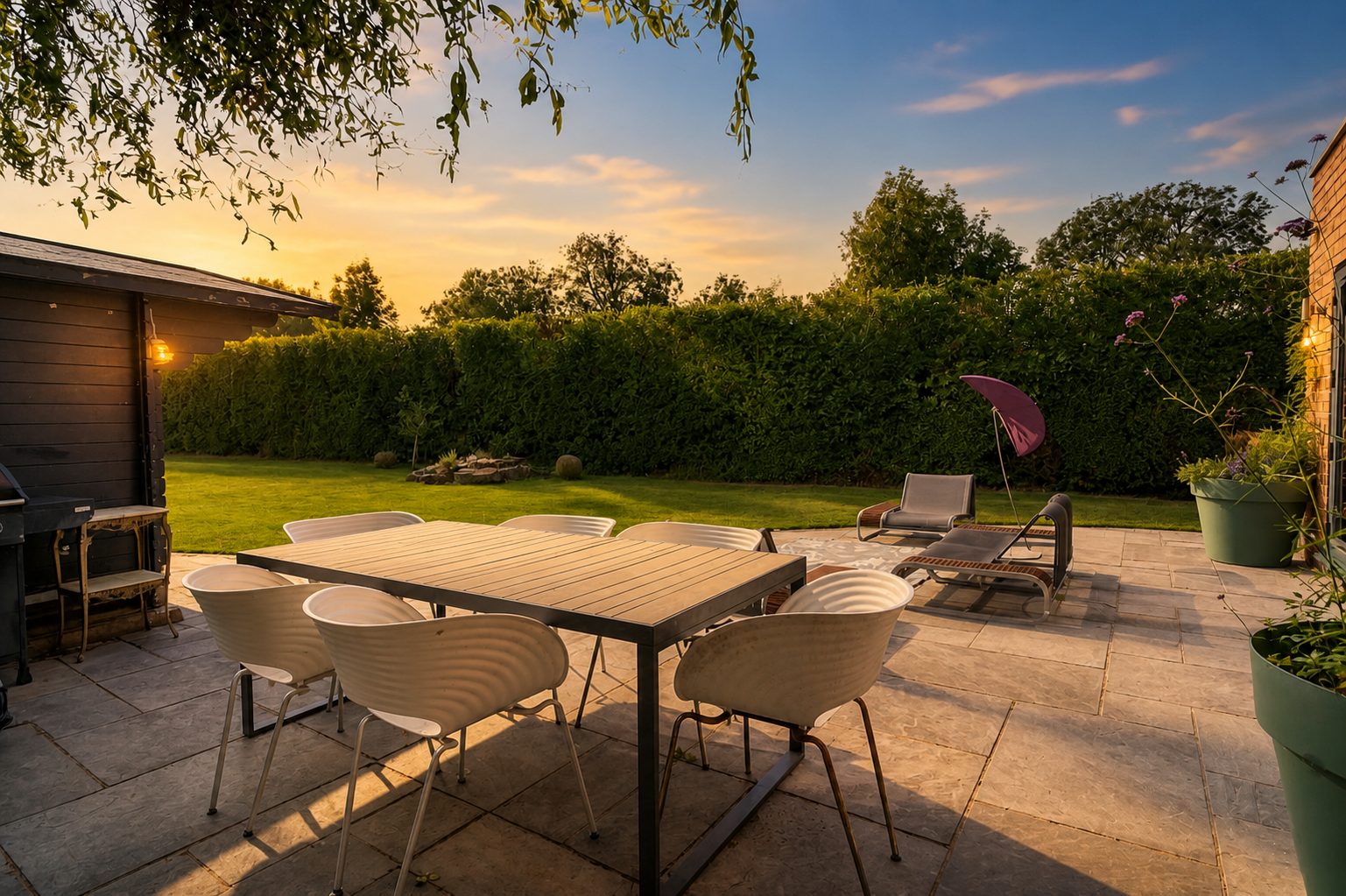 The south-facing terrace at dusk